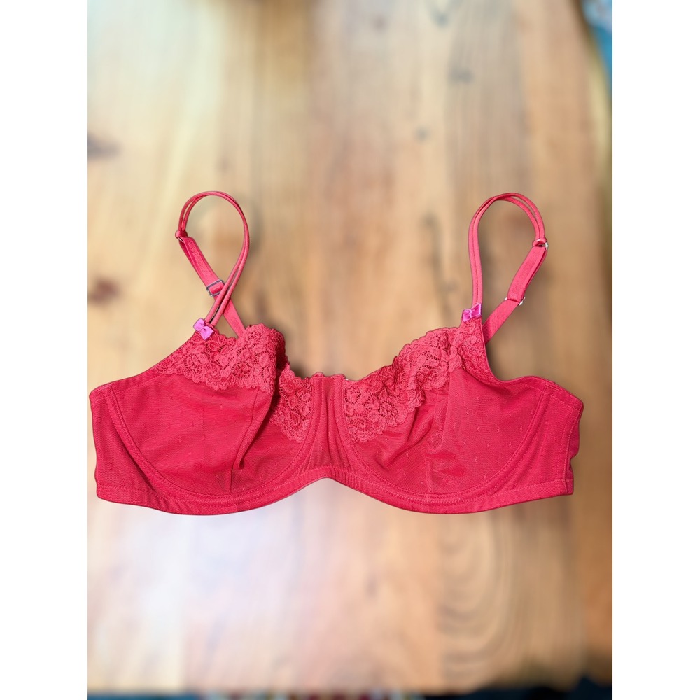 Adore Me Red Lace Trim Mesh‎ Unlined Underwire Bra Pink Bow Accents 38D